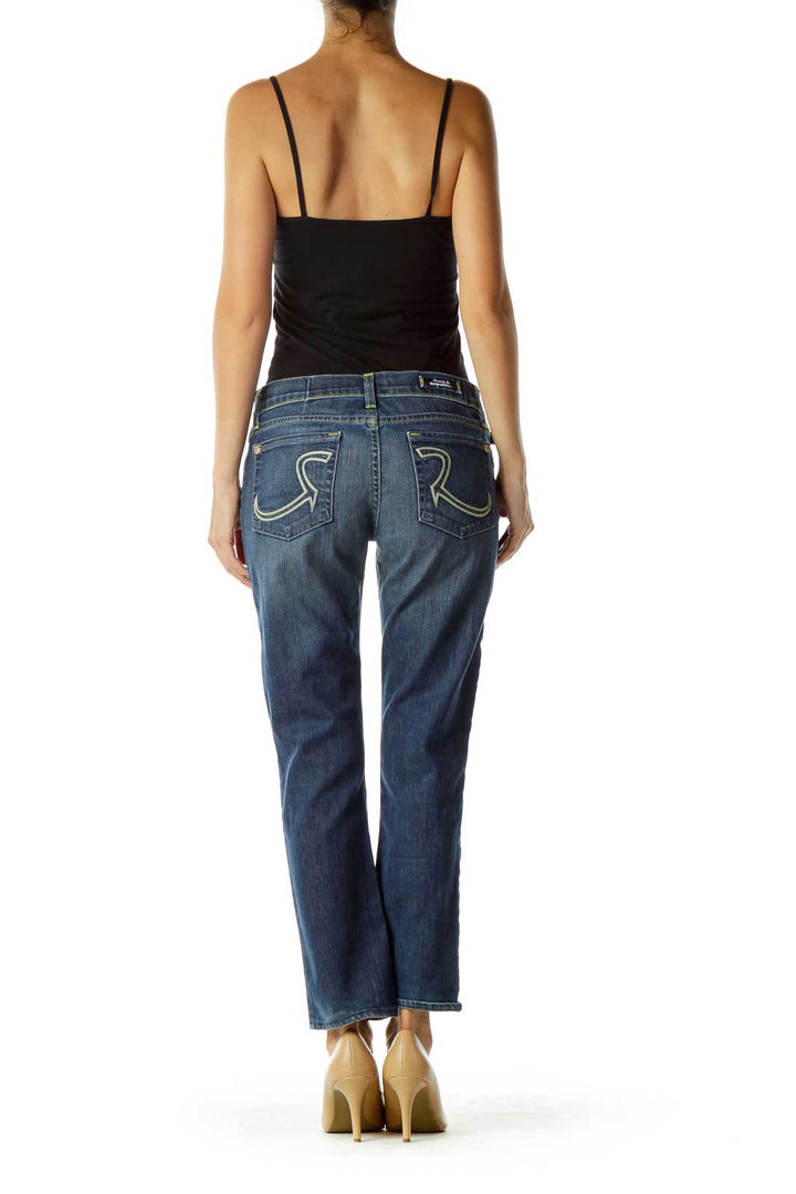 Navy Stitched Pocketed Straight-Leg Jeans