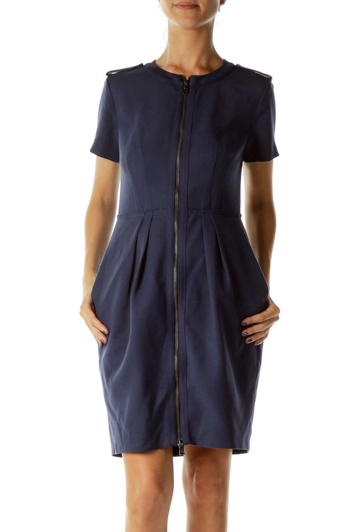 Navy Short-Sleeve Zippered Dress