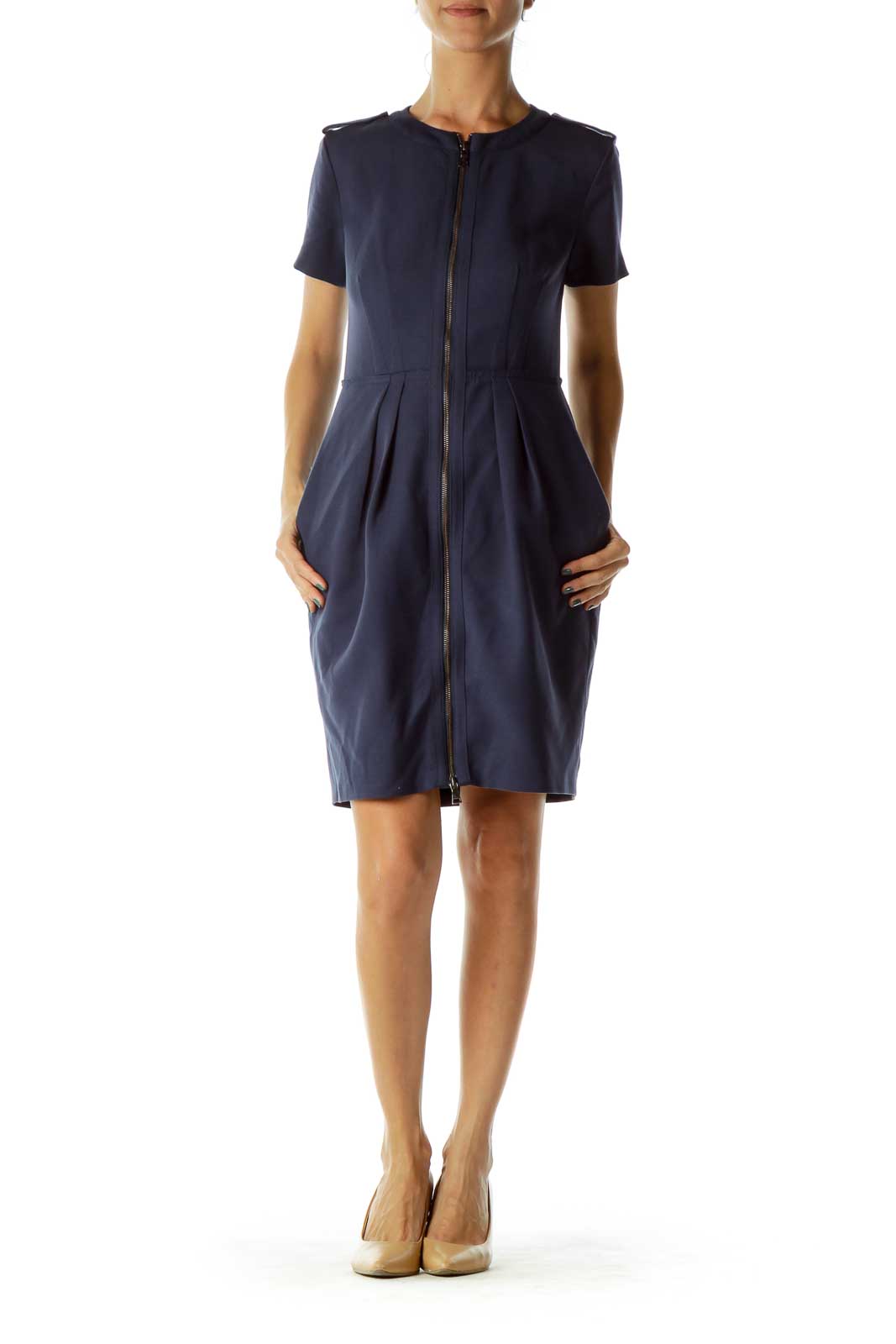 Navy Short-Sleeve Zippered Dress