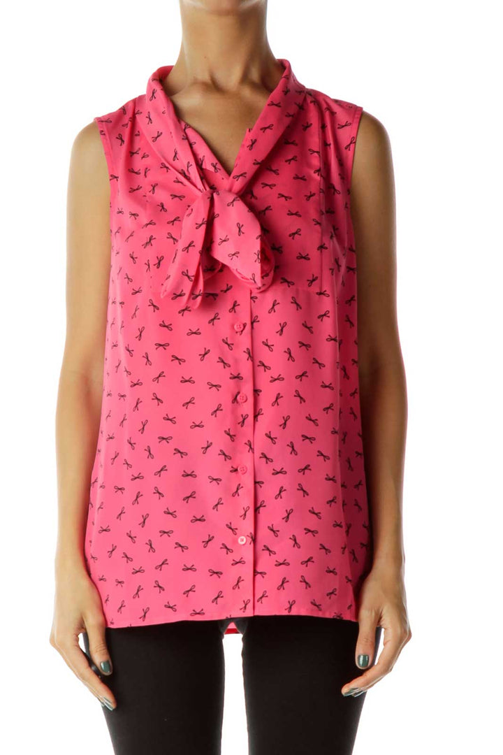 Pink Black Bow Print Blouse