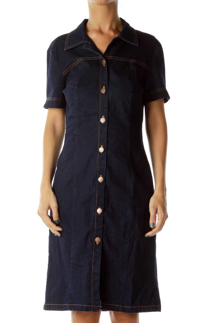 Navy Denim Buttoned Dress