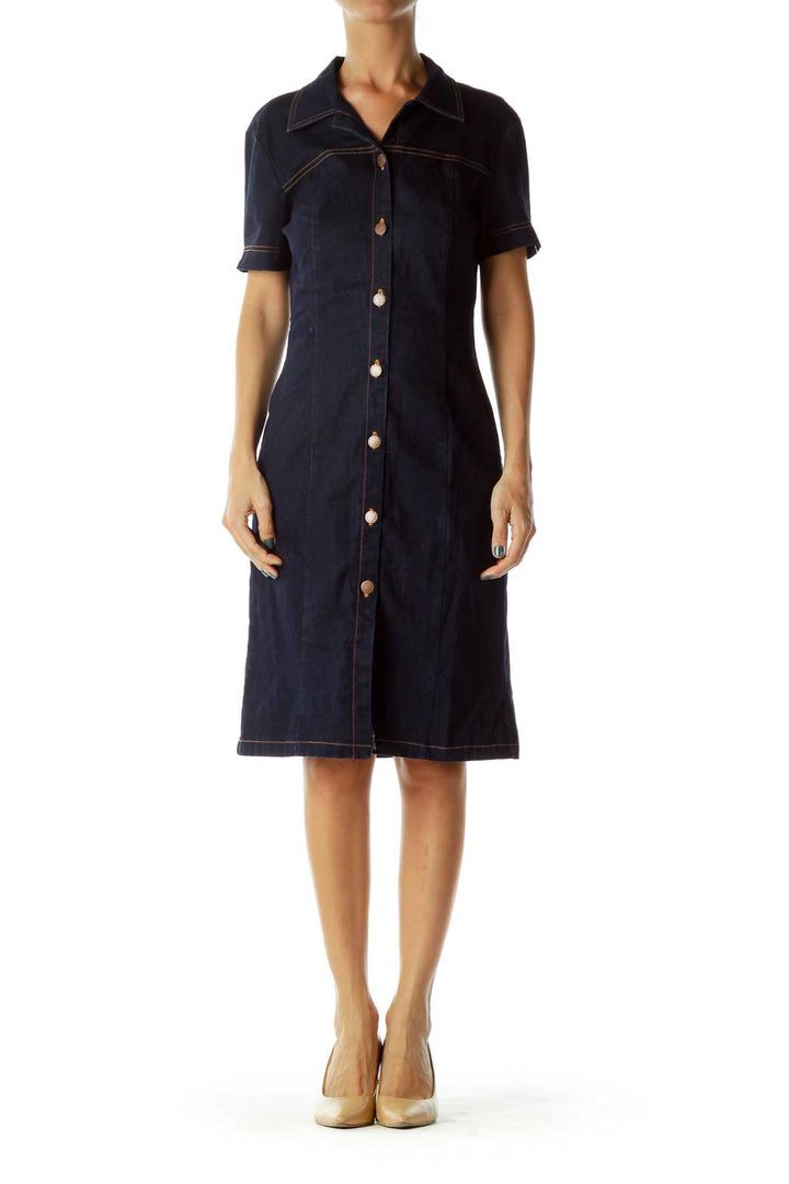 Navy Denim Buttoned Dress