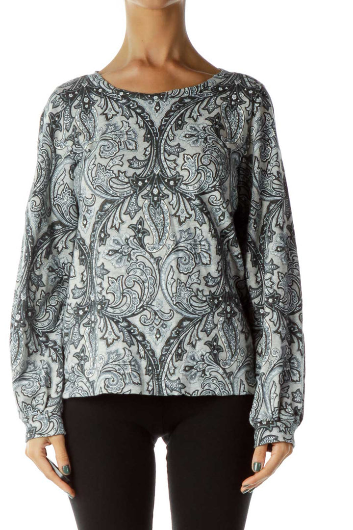 Brown Gray Paisley Long Sleeve Top