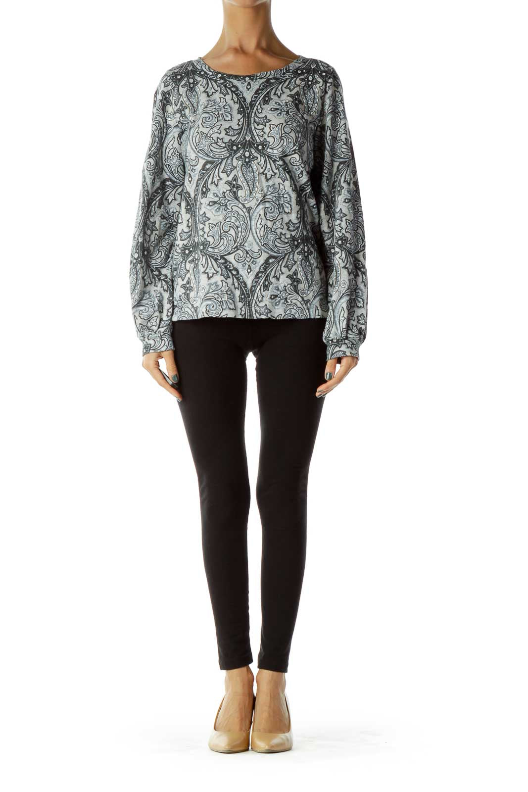 Brown Gray Paisley Long Sleeve Top