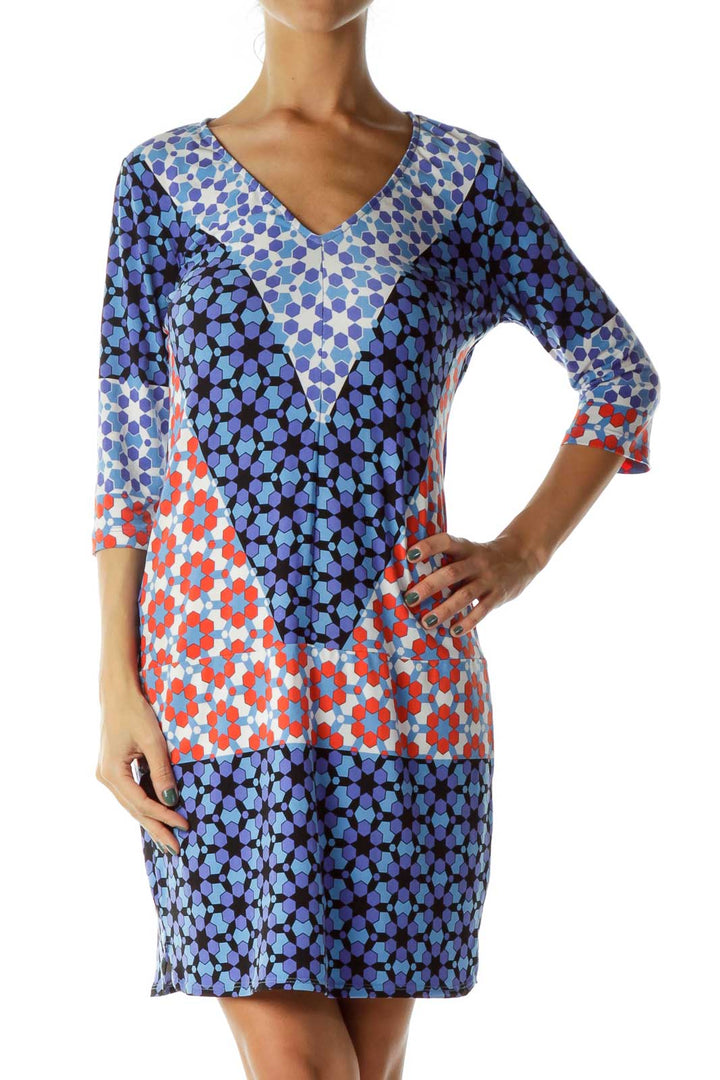 Blue Multicolor Geometric Print Shift Dress