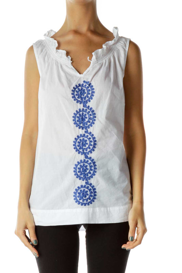 White Blue Embroidered Sleeveless Blouse