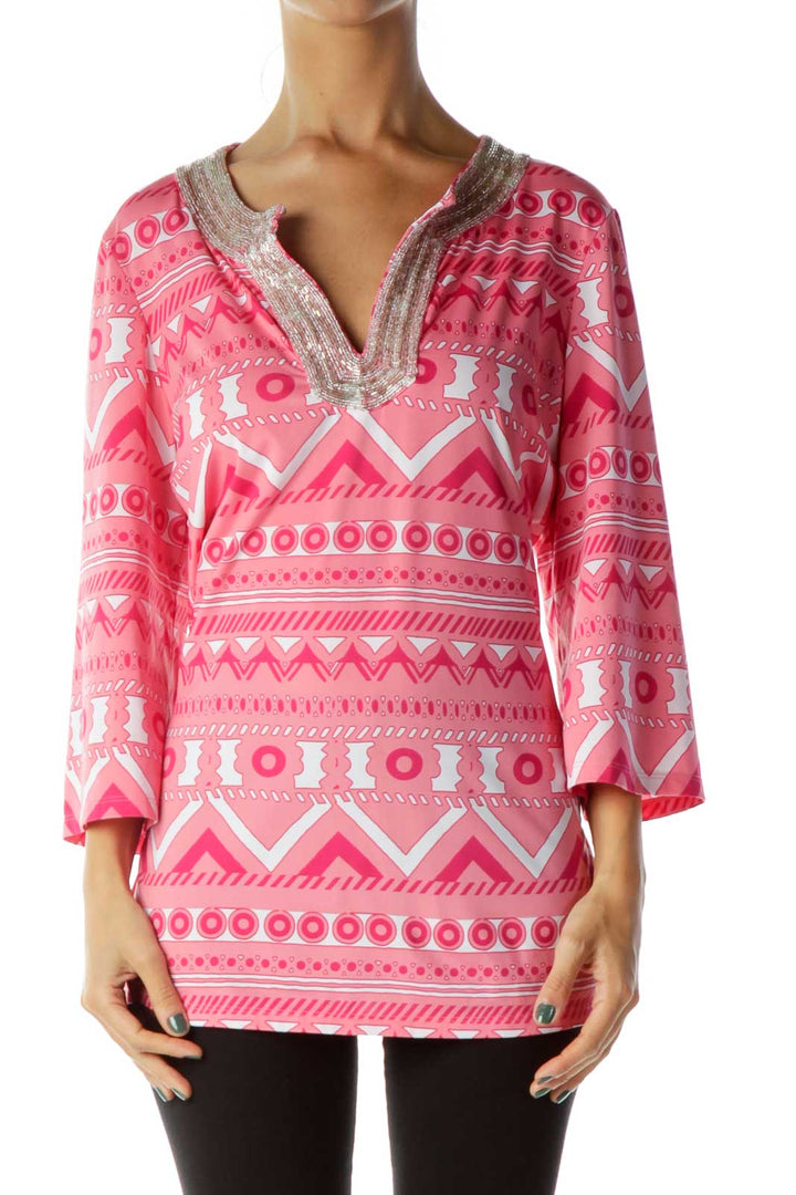 Pink Beaded Aztec Print Blouse