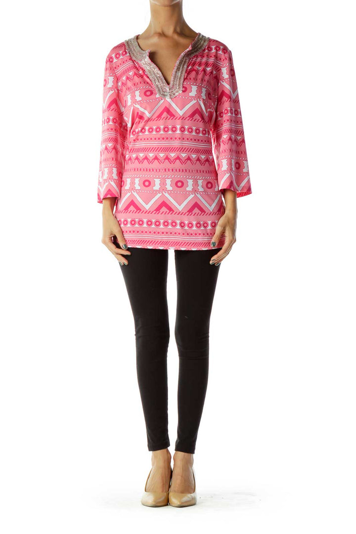 Pink Beaded Aztec Print Blouse