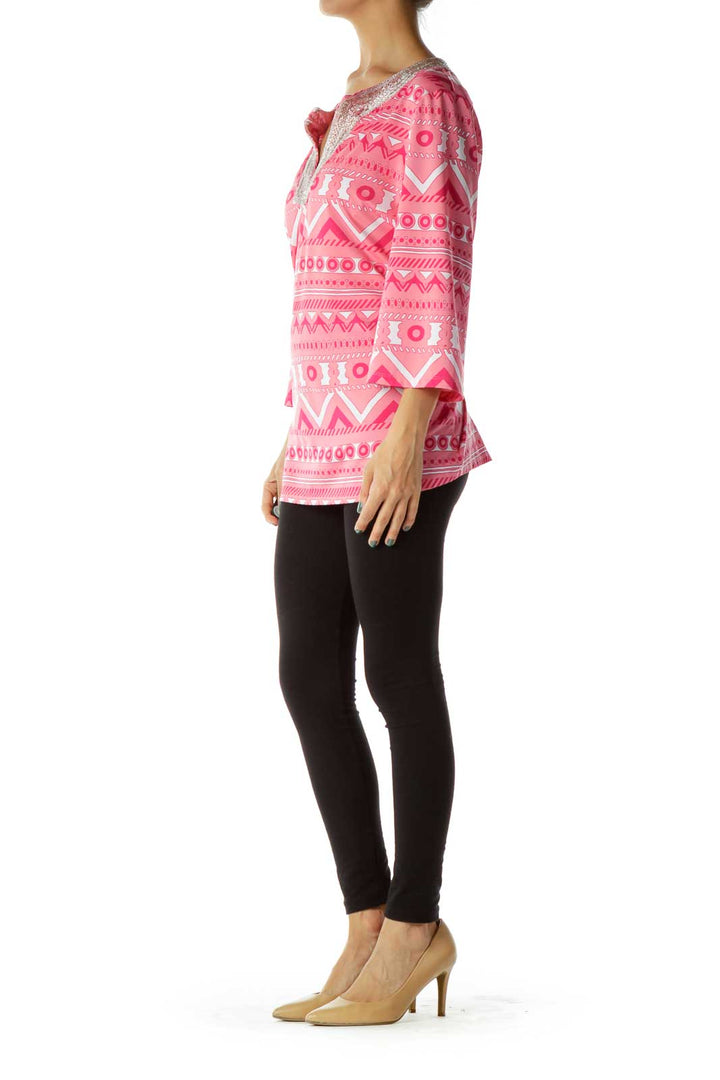 Pink Beaded Aztec Print Blouse