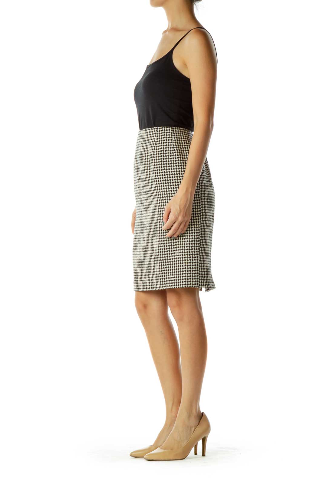 Beige Black Houndstooth Pencil Skirt