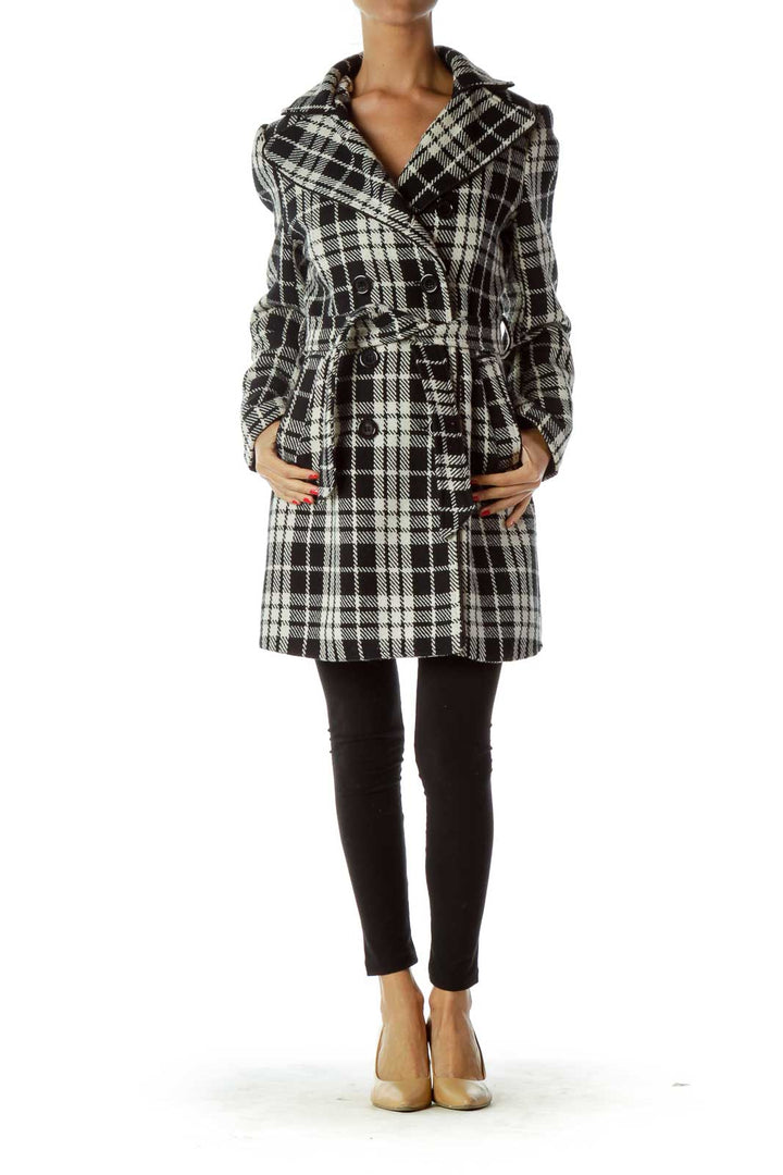 Black White Plaid Double Breasted Coat