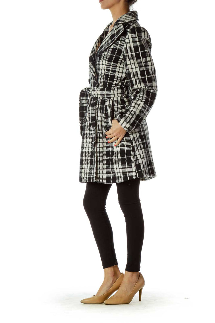 Black White Plaid Double Breasted Coat