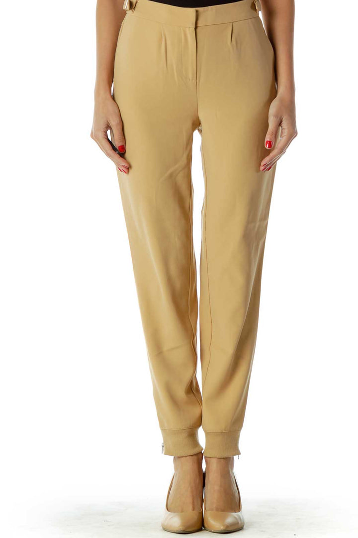 Beige Tapered Belted Pants