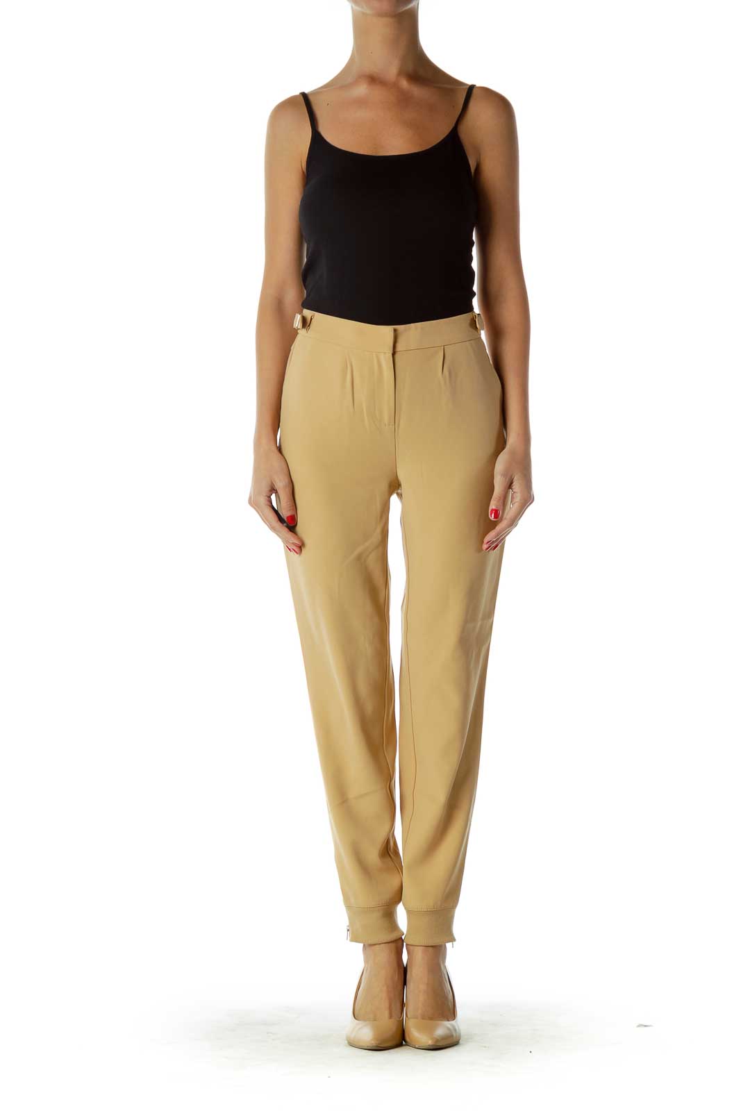 Beige Tapered Belted Pants