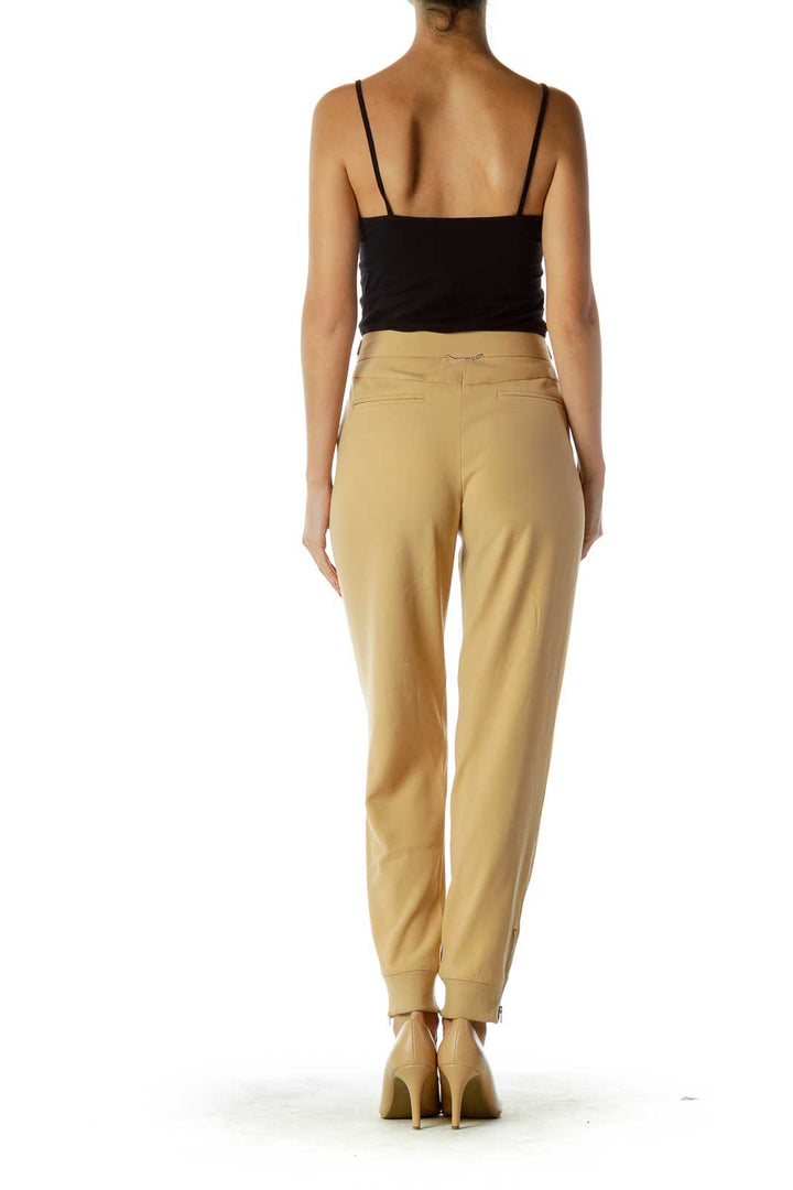 Beige Tapered Belted Pants