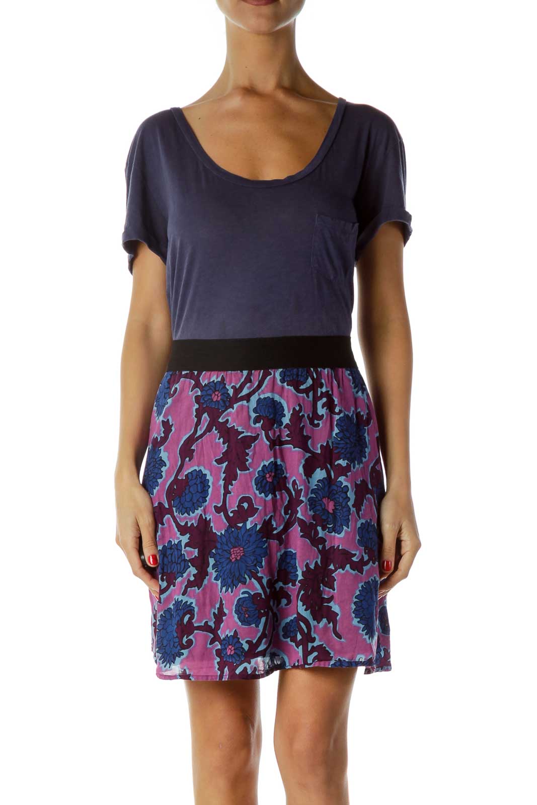 Front view of Free People dress with navy top and purple floral print skirt