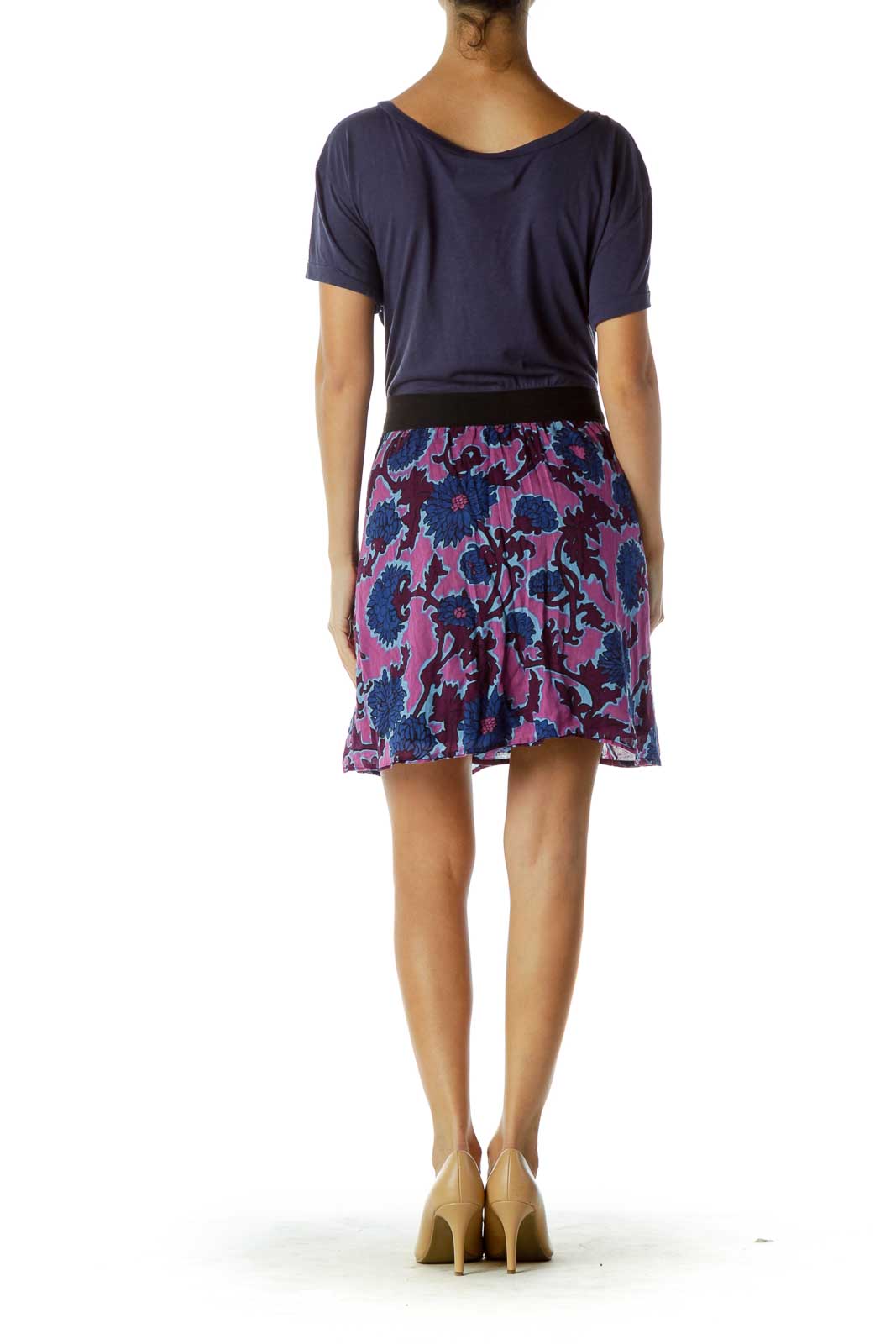 Back view of Free People dress showing purple floral print skirt and navy top