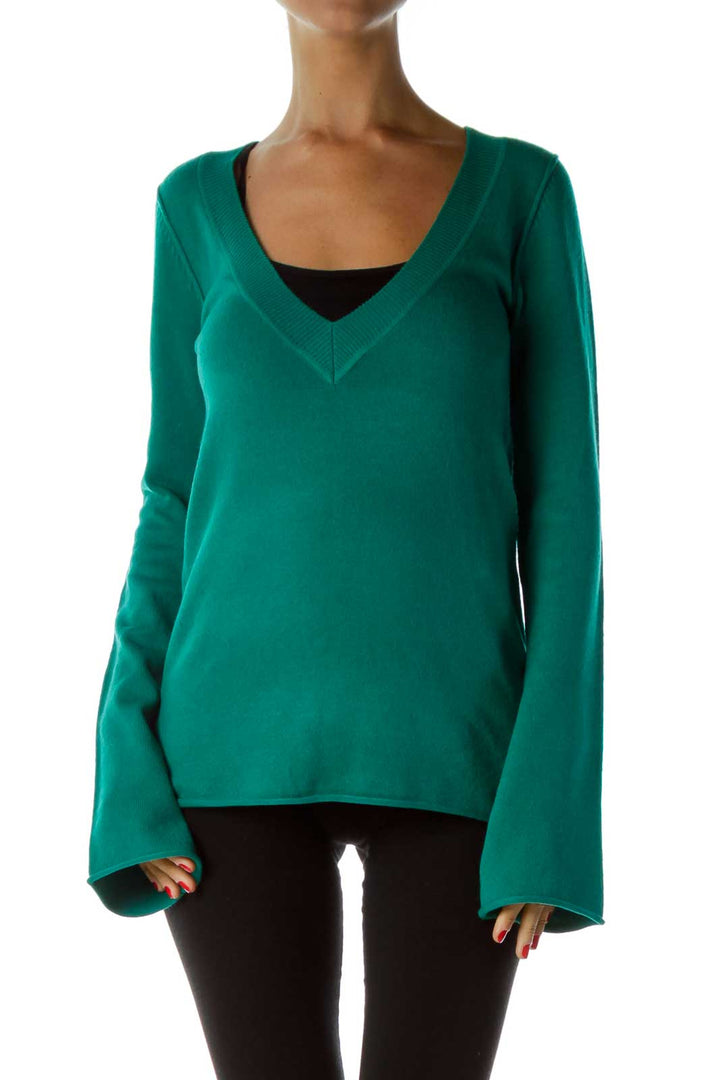 Green Knit V-Neck Sweater