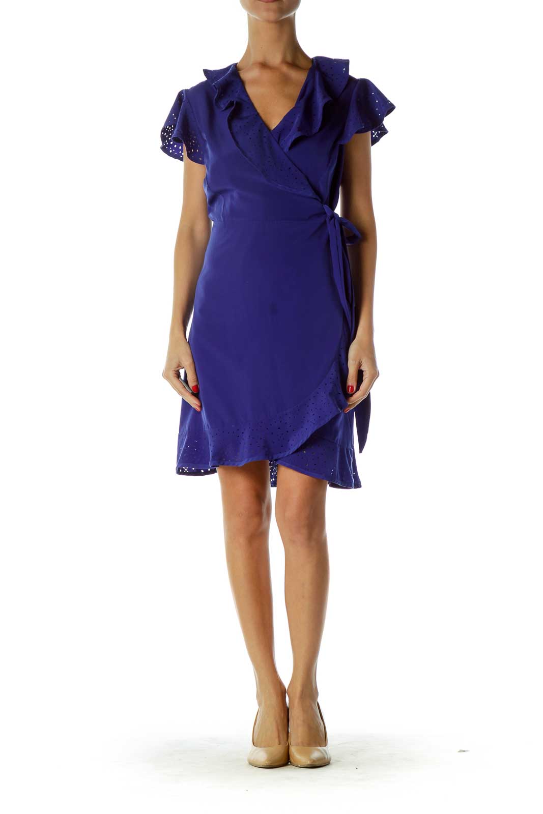 Blue Eyelet Wrap Cocktail Dress