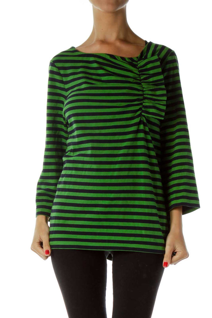 Green Black Pinstripe Scrunch Detail Top