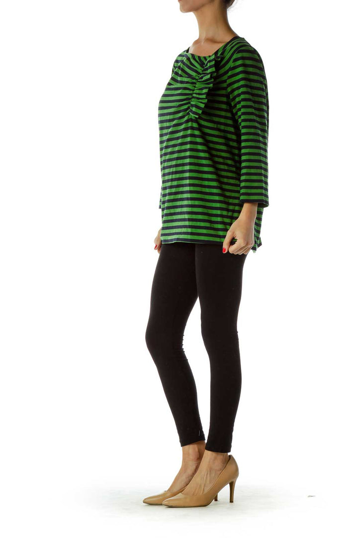 Green Black Pinstripe Scrunch Detail Top