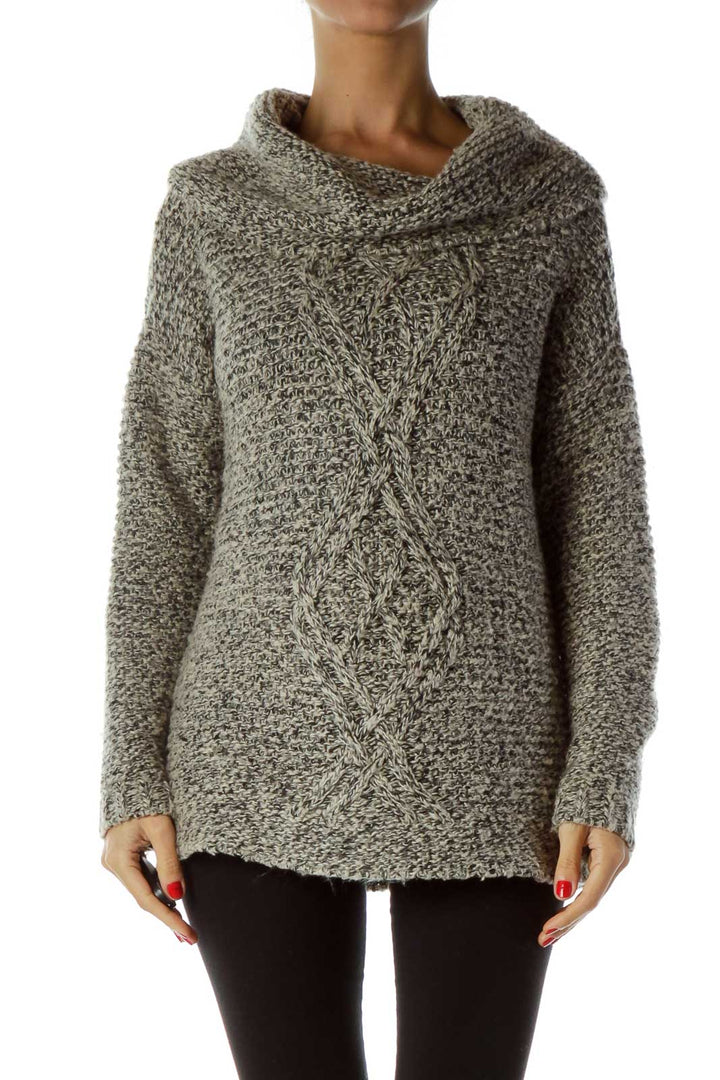 Gray Black Cable Knit Cowl Neck Sweater