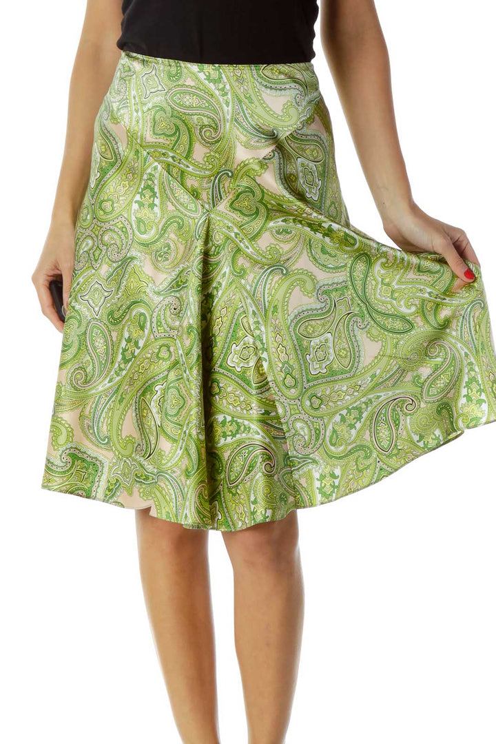 Green Paisley Print Silk Skirt