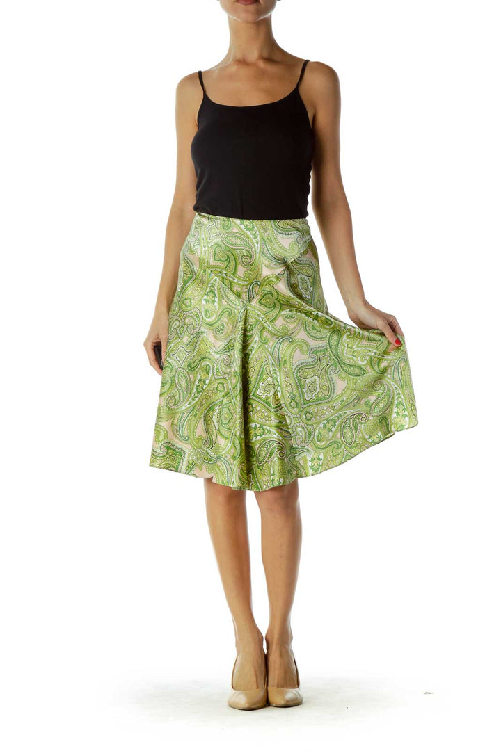 Green Paisley Print Silk Skirt