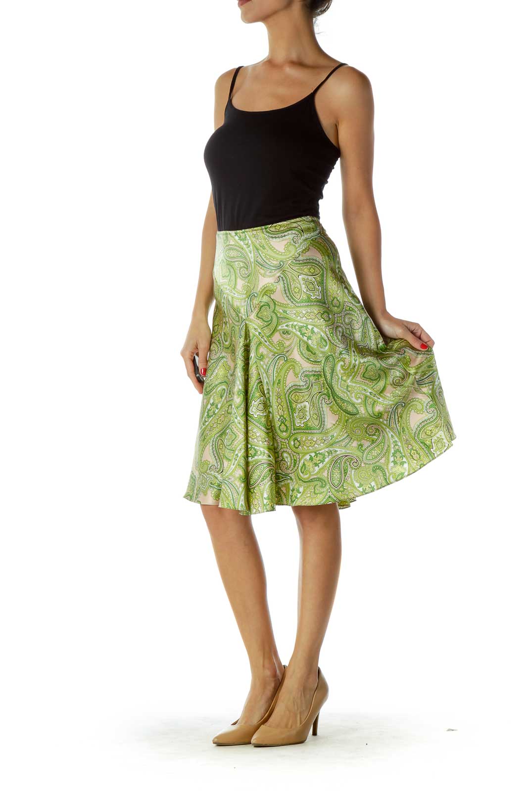 Green Paisley Print Silk Skirt