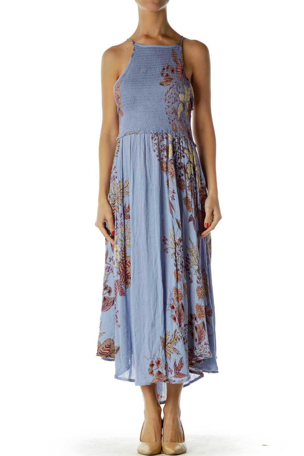 Front view of Free People blue floral maxi dress with smocked bodice