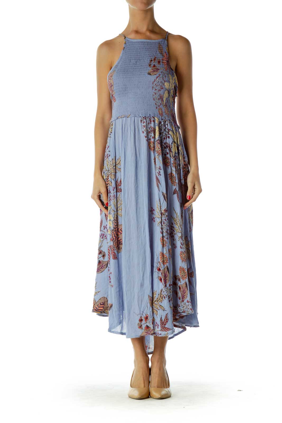 Front view of Free People blue floral maxi dress with smocked bodice