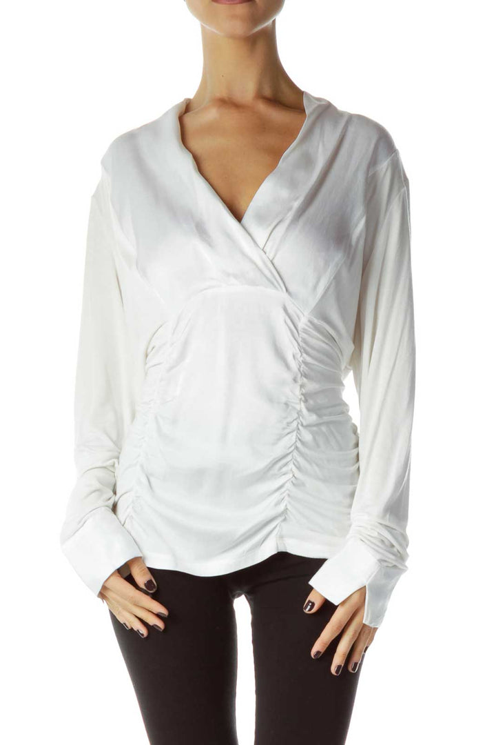 White Faux-Silk Scrunched Blouse