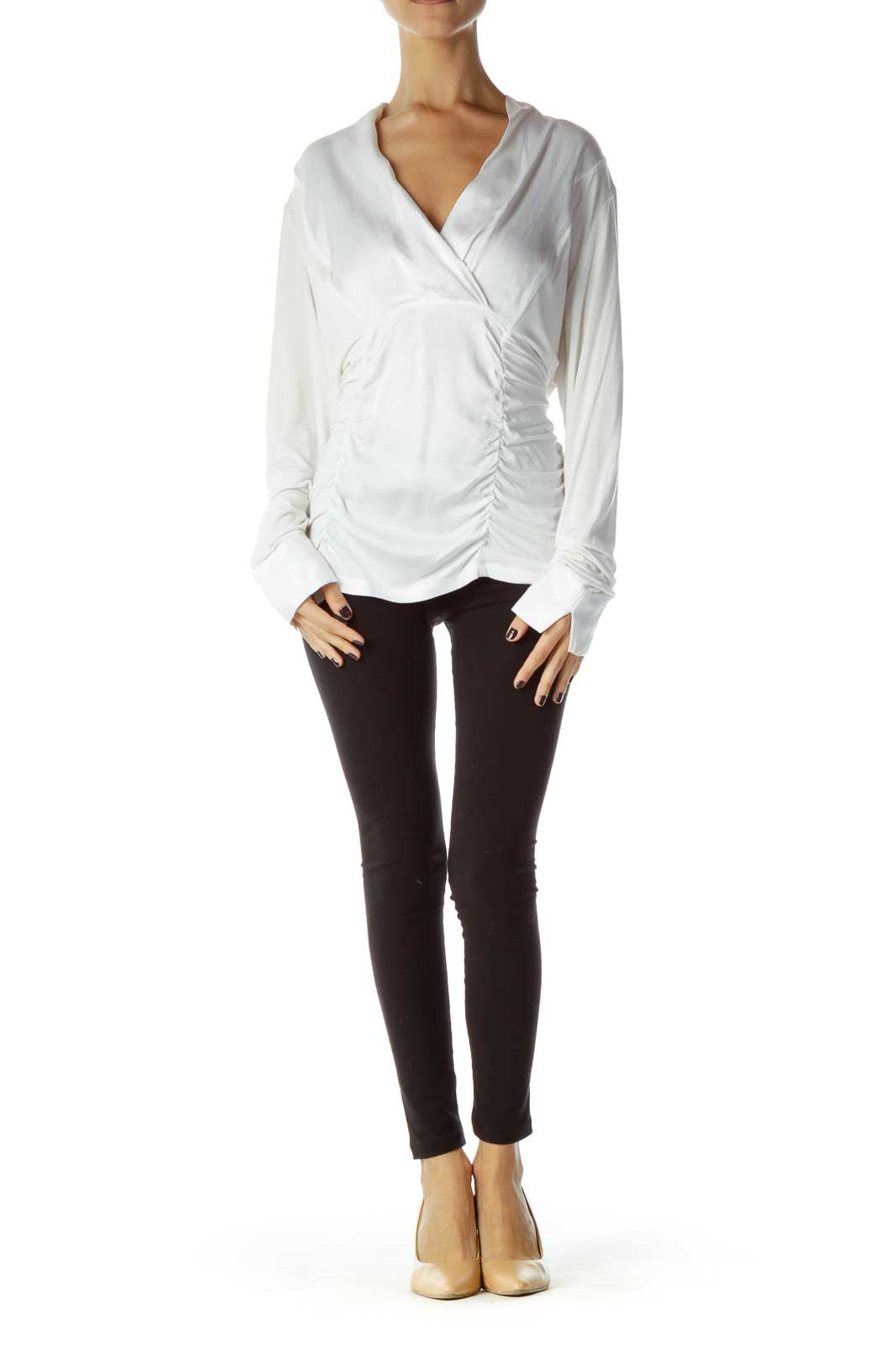 White Faux-Silk Scrunched Blouse