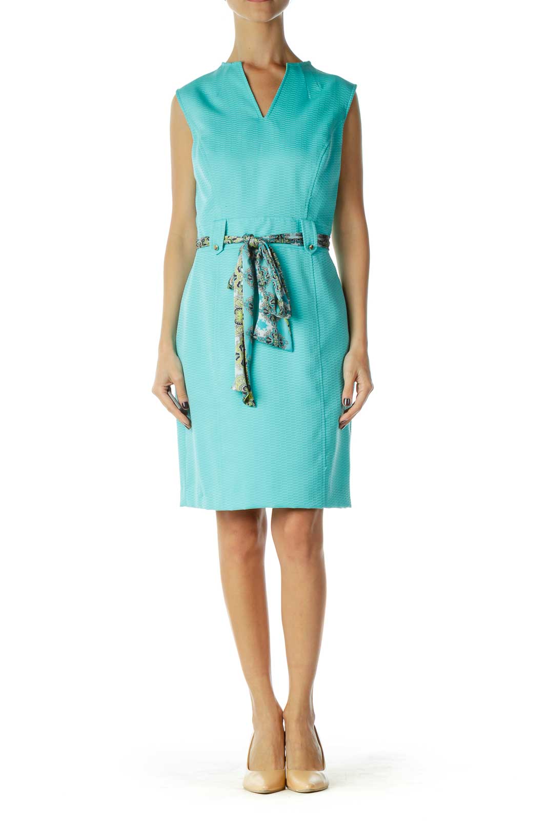 Blue Embroidered Belted Work Dress