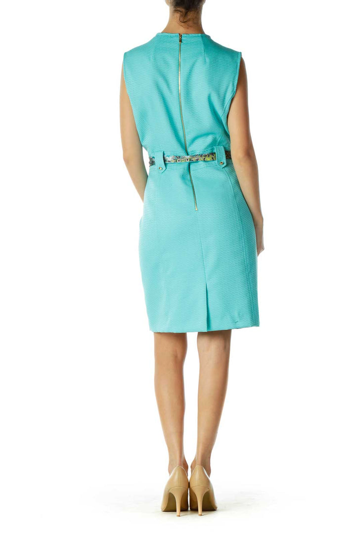 Blue Embroidered Belted Work Dress