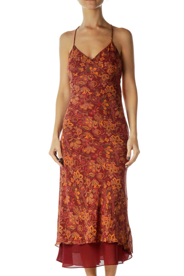 Burgundy Orange Floral Midi Silk Dress