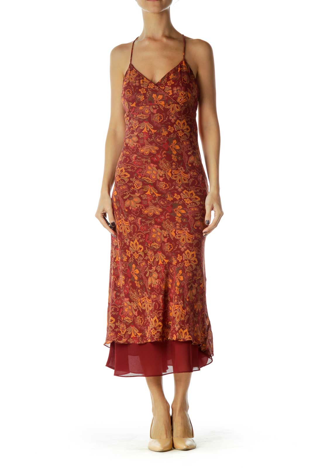 Burgundy Orange Floral Midi Silk Dress