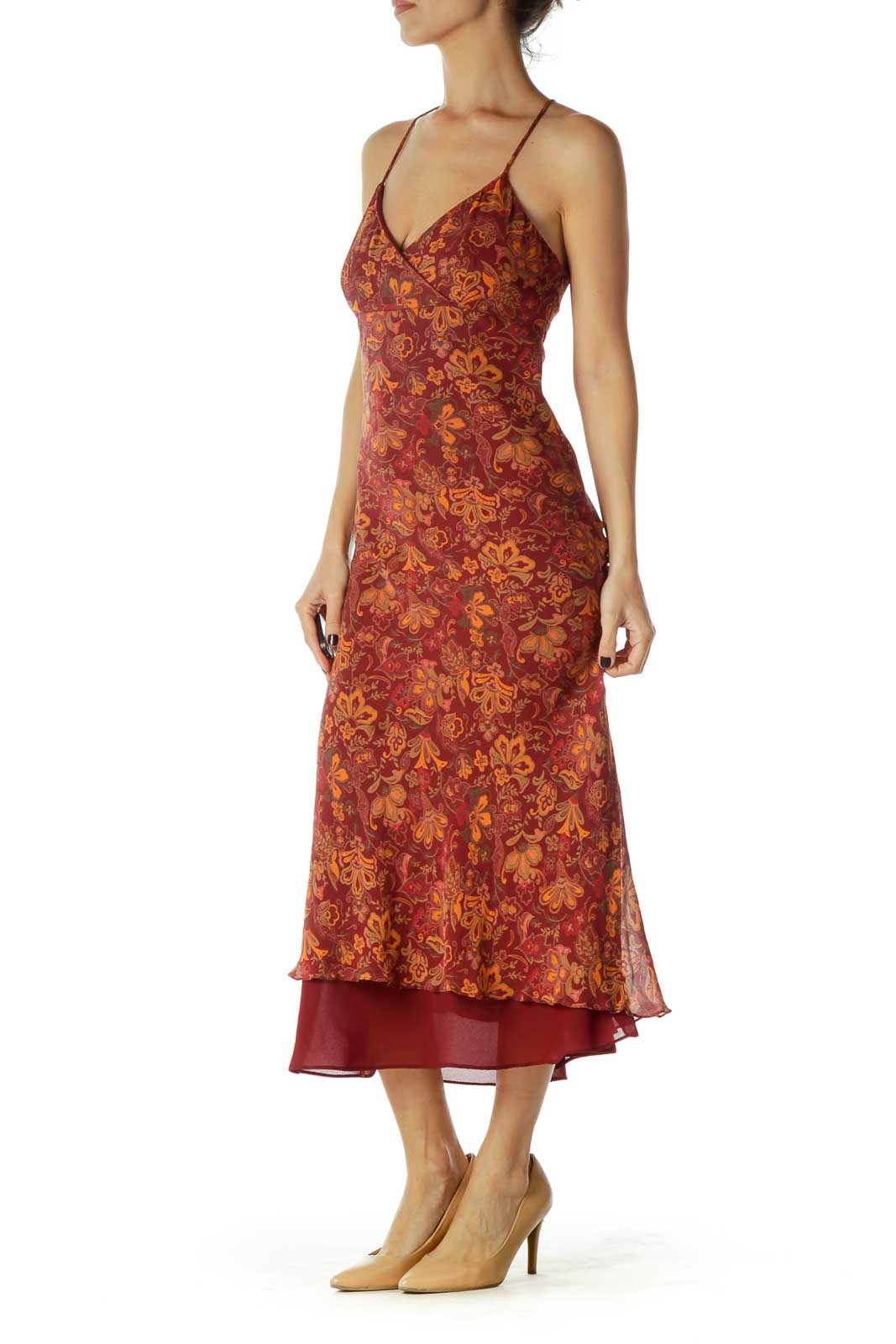 Burgundy Orange Floral Midi Silk Dress