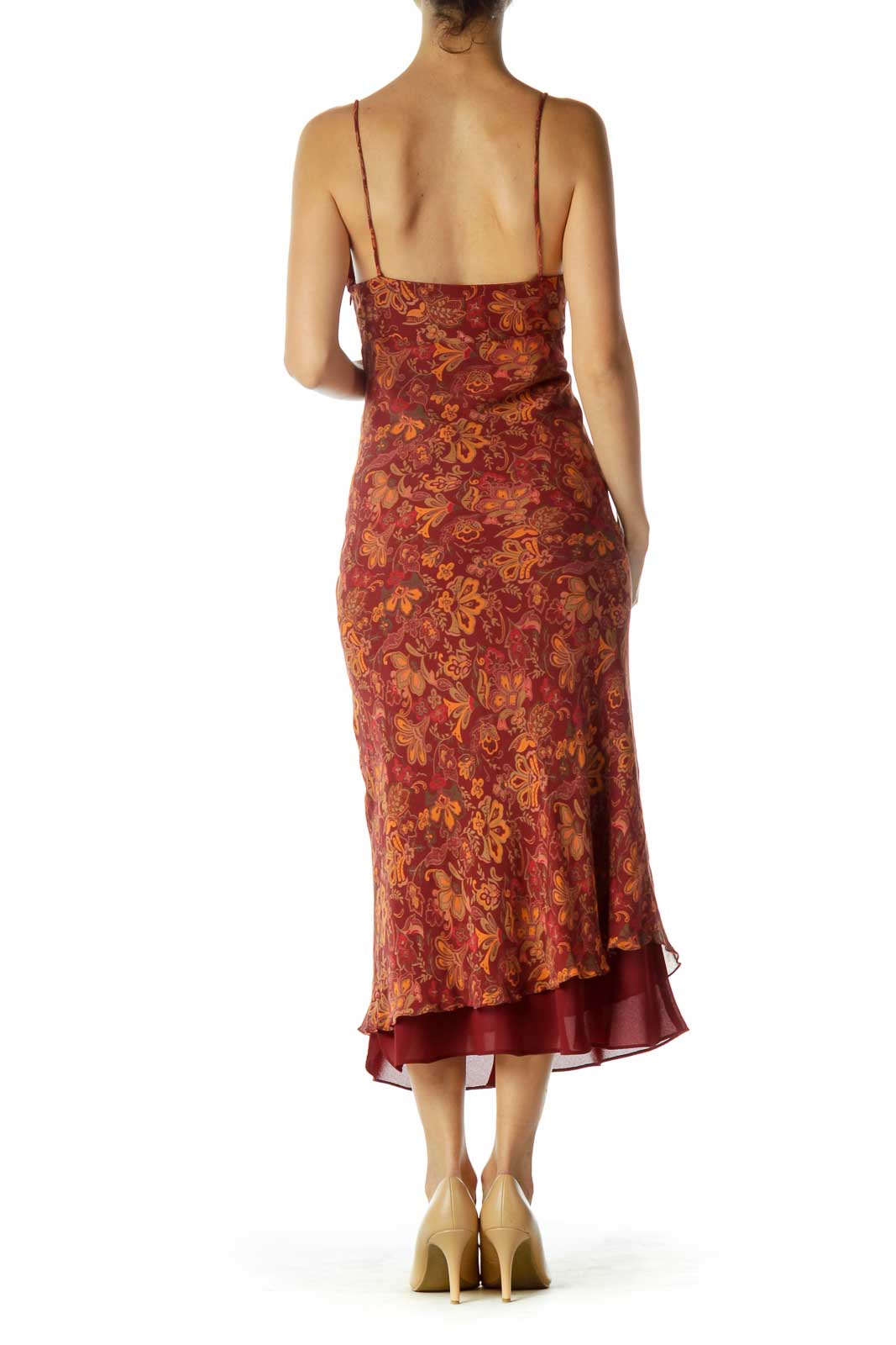 Burgundy Orange Floral Midi Silk Dress