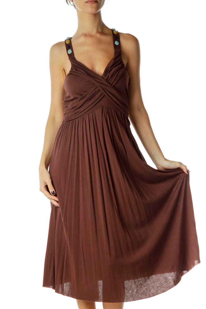 Brown Beaded V-Neck Day Dress