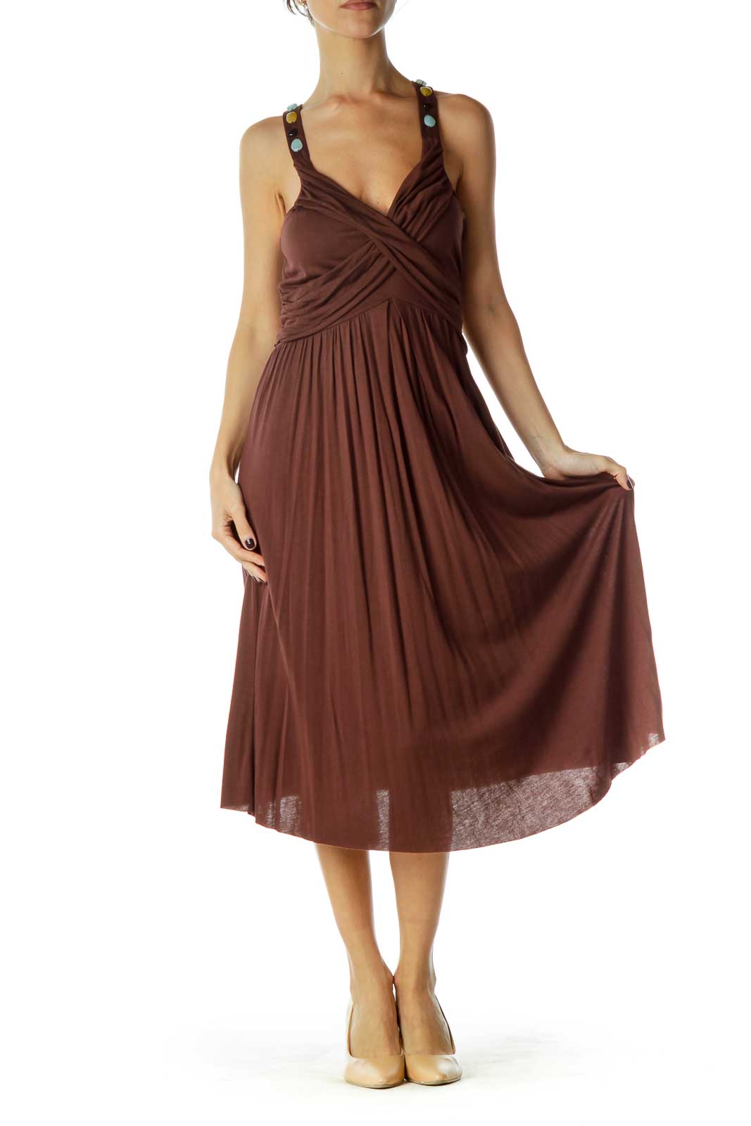 Brown Beaded V-Neck Day Dress