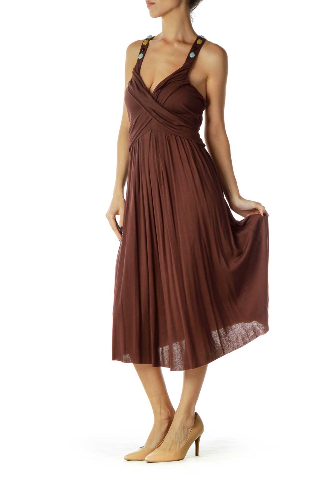 Brown Beaded V-Neck Day Dress