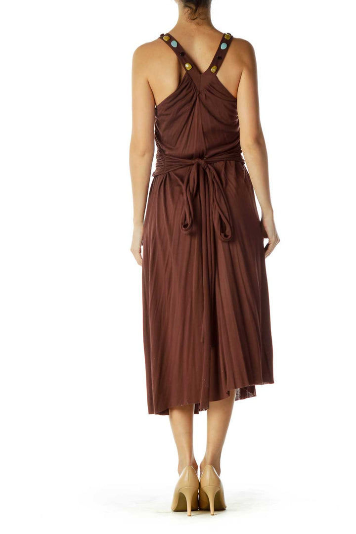 Brown Beaded V-Neck Day Dress