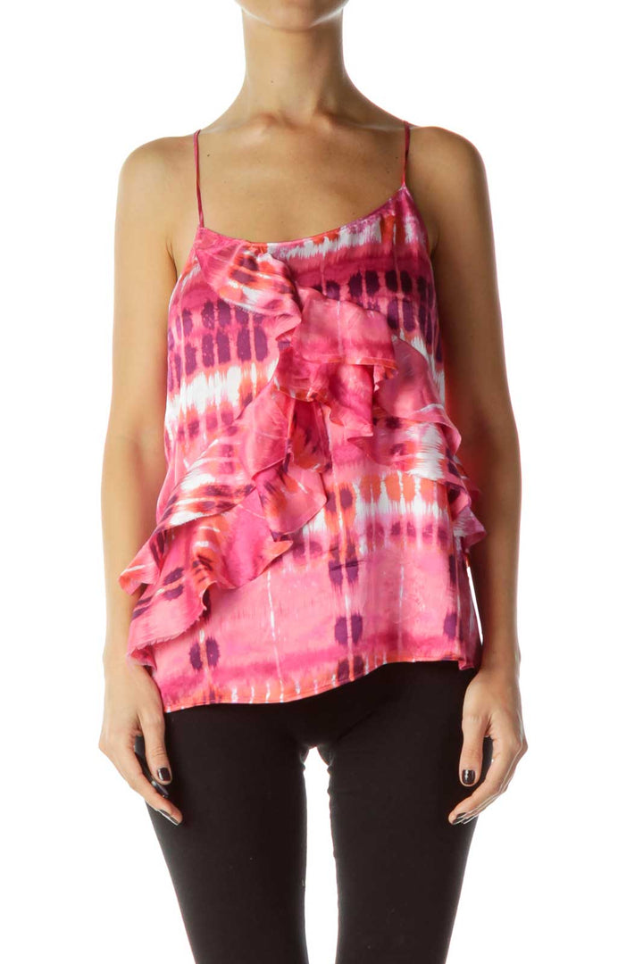 Pink Print Ruffled Silk Blouse