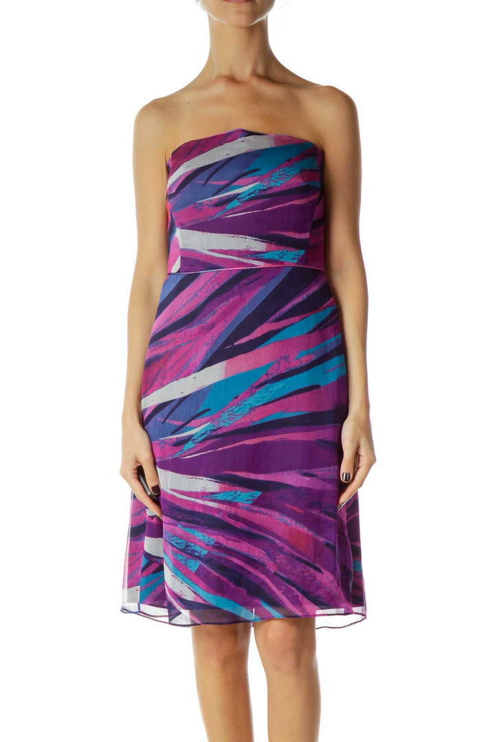 Purple Blue Printed Strapless Dress