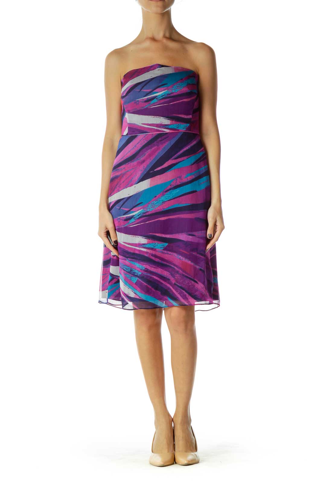 Purple Blue Printed Strapless Dress