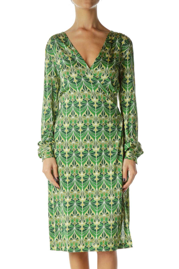 Green Yellow Flower Print Wrap Dress