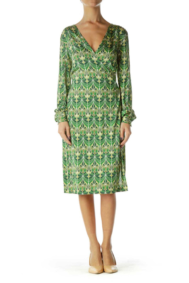 Green Yellow Flower Print Wrap Dress