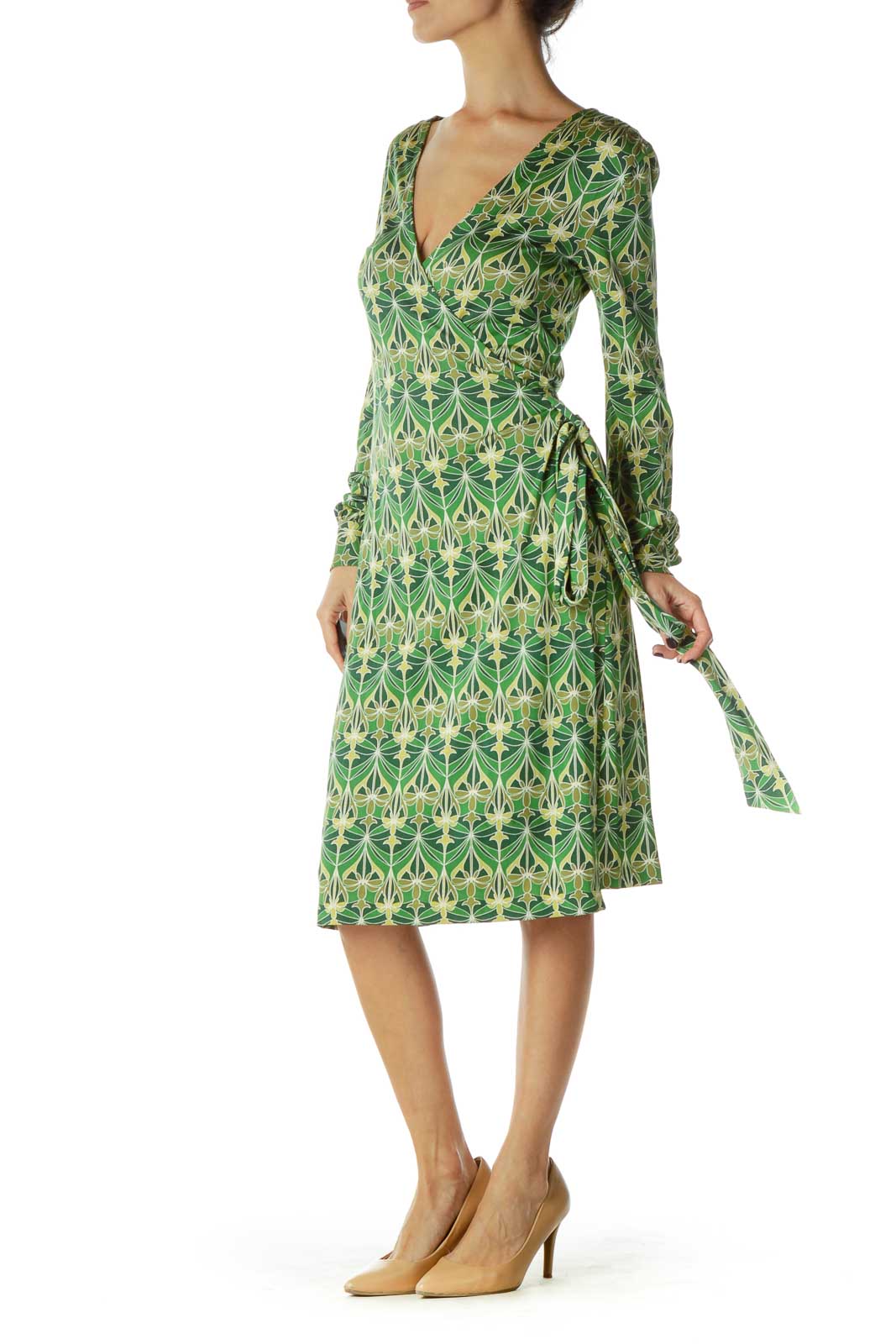 Green Yellow Flower Print Wrap Dress