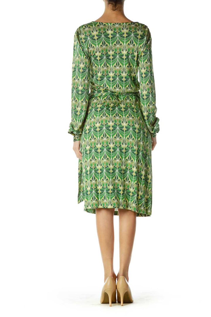 Green Yellow Flower Print Wrap Dress